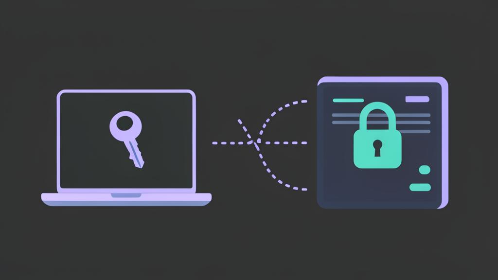 Diagram showing a private key on a Windows laptop proving identity to a locked remote server